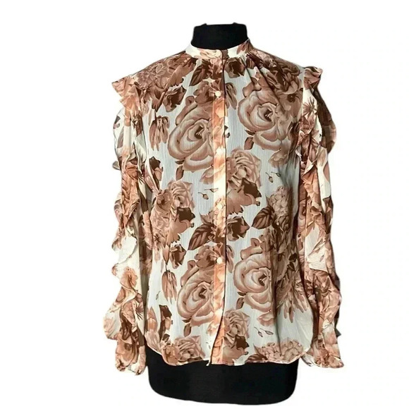 Express Tops - Express Floral Abstract Print Multicolor Ruffle Button Front Sheer Blouse Size S